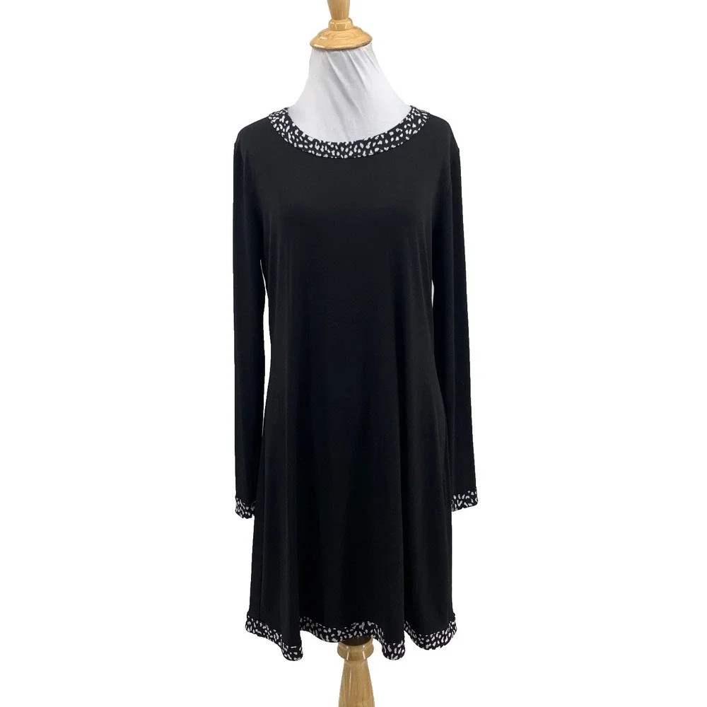 Michael Kors Dress Womens Large Black Jersey Animal Print Trim Crew Neck BackZip